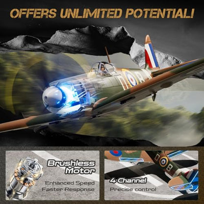CKYSCHN VOLANTEXR Brushless RC Plane 500mm with X-Pilot Gyro for Adults | Spitfire Fighter 4CH RC Airplane, 3 Level Modes, Aerobatic Outdoor Flying, RTF Remote Control Airplane with 2 Batteries - color: Brown-76805