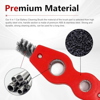 2 PCS Car Battery Terminal Cleaning Brush, 4-in-1 Battery Post Cleaner Brush with Steel Wire, Cleaning Tool for Terminals and Pipes, Universal for Most Cars, Trucks, SUVs (Red) - color: Red