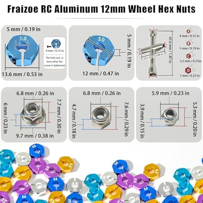 Aluminum 12mm Hex Wheel Hub 4Pcs w/Axle Pin M4 Flange Lock Nut Standard M3 M4 Nut 5mm Thickness Wheel Drive Adapter for 1/10 Traxxas HSP Redcat Rc4wd Tamiya Axial SCX10 WLtoy RC Car(25Pcs) - color: Sky Blue, size: 5.0 Sky Blue