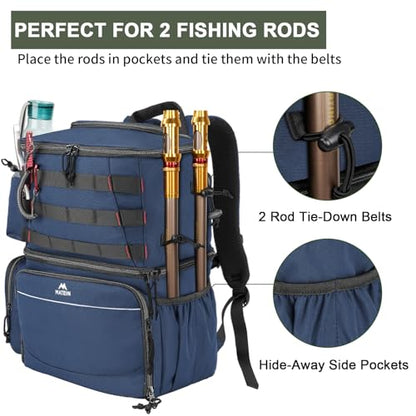 MATEIN Fishing Backpack, Tackle Storage Bag with Rod Holders & Cooler | Water Resistant Fishing Bag Fits 4 3600 Trays, Large Wide Open Tackle Box Backpack, Gifts for Fishermen - color: Blue - Large