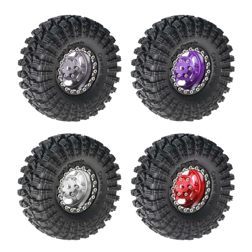 1.3” Aluminum Beadlock Wheels & All-Terrain Trail Tires Set, -8.0mm Offset, 66×26mm, 7mm Hex, Foam Inserts, Fits 1/18 1/24 TRX4M SCX24 AX24 FCX24 Ascent-18, Pre-Assembled 4 pcs (Red) - color: Red