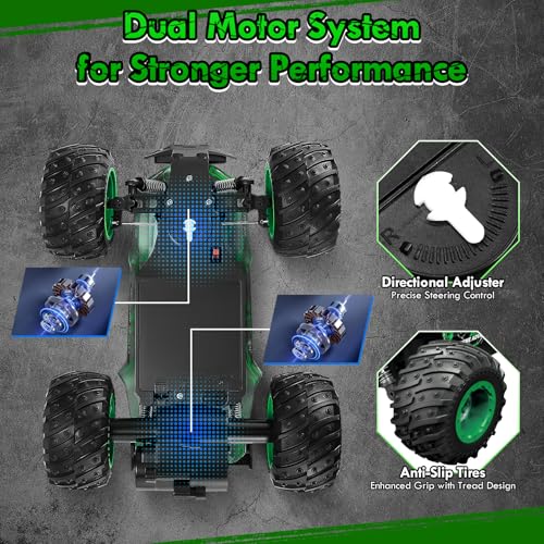 Remote Control Car, Rechargeable 1:18 Rc Cars, All-Terrain RC Truck | Remote Control Truck for Boys 4-7 8-12 with LED Light, 20KM/H, 2WD, 2.4GHz, Sturdy PVC Shell, Beginner-Green - color: Green
