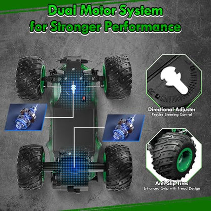 Remote Control Car, Rechargeable 1:18 Rc Cars, All-Terrain RC Truck | Remote Control Truck for Boys 4-7 8-12 with LED Light, 20KM/H, 2WD, 2.4GHz, Sturdy PVC Shell, Beginner-Green - color: Green