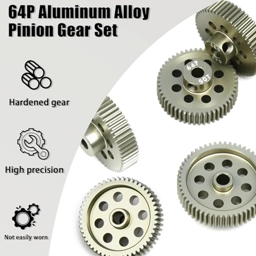 5Pcs 64P Aluminum Alloy Pinion Gear Set 3.175mm 50T 51T 52T 53T 54T Motor Pinion Gear W/ M4 Screw and Hex Key, Fit 3.175mm (1/8-Inch) Shaft, for Arrma HPI Kyosho Losi Axial Traxxas Tamiya 1/10 RC Car - size: 64P-3.175mm-50-54T