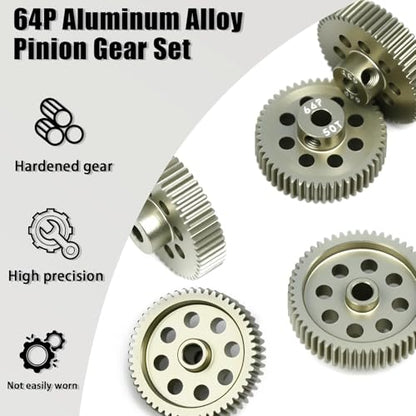 5Pcs 64P Aluminum Alloy Pinion Gear Set 3.175mm 50T 51T 52T 53T 54T Motor Pinion Gear W/ M4 Screw and Hex Key, Fit 3.175mm (1/8-Inch) Shaft, for Arrma HPI Kyosho Losi Axial Traxxas Tamiya 1/10 RC Car - size: 64P-3.175mm-50-54T