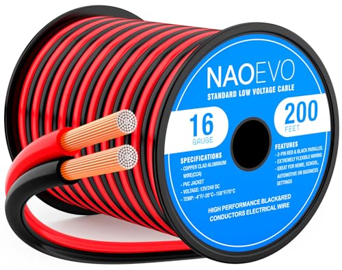 NAOEVO 16 Gauge Wire 2 Conductors, CCA Red Black Electrical Wire, 200FT | Flexible, High Conductivity & Wear-Resistant 16 AWG Wire with PVC insulation for Automotive, Speaker, LED, Marine, 12V/24V DC - size: 200ft, style: 16AWG