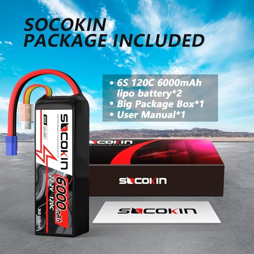 6S 6000mAh Lipo Battery 22.2V 120C RC Battery with EC5 Connector Plug Soft Case Battery for RC Car Airplane Quadcopter Helicopter Truck Boat Hobby
