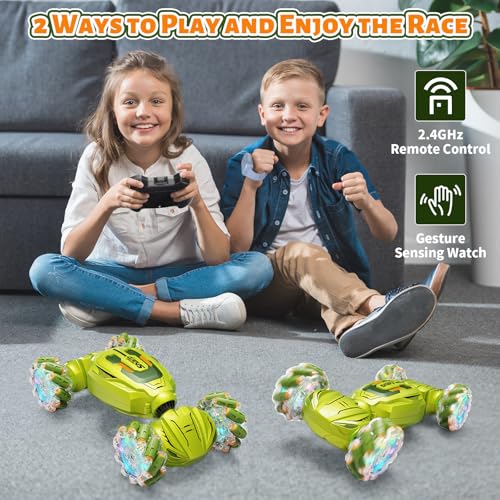 Gesture Sensing RC Stunt Car, Remote Control Car Christmas Birthday Gifts for Kids Age 6-12, 2.4Ghz Hand Controlled Twist Cars, 360° Rotating Off Road Car Toy for Boys Girls Age 6 7 8 9 10 11+(Green) - color: Green