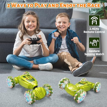 Gesture Sensing RC Stunt Car, Remote Control Car Christmas Birthday Gifts for Kids Age 6-12, 2.4Ghz Hand Controlled Twist Cars, 360° Rotating Off Road Car Toy for Boys Girls Age 6 7 8 9 10 11+(Green) - color: Green