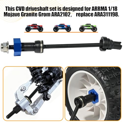 Hardened Steel CVD Driveshaft Front Rear with Hexs, Nuts, Drive Center Cup, Drivershaft Dogbone CVD Compatible with ARRMA 1/18 Mojave Granite GROM ARA2102, Replace #ARA311198 (Black,Blue) - color: Black-blue