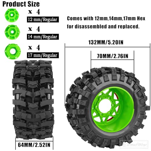 1/10 Scale RC Truck Tires,Wheels and Tires w/12/14/17MM Hex for Rustler Stampede Hoss,Arrm a Granite Vorteks Big Rock 3S,1/10 Off Road Tires Rubber Truck Tyres w/Foam Insert,Green w/Red - color: Green W/Red(4pcs)