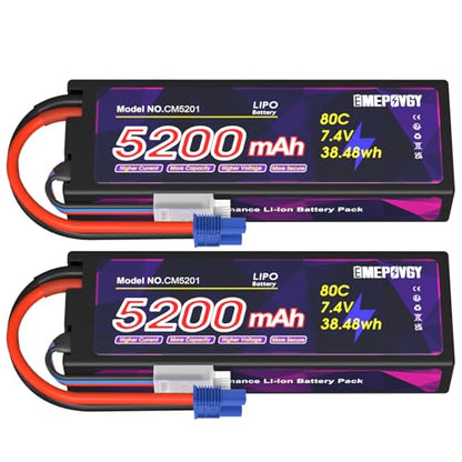 7.4V Lipo Battery 2S 5200mAh 80C Lipos Hard Case with EC3 Connector for RC Car Trucks 1/8 1/10 RC Vehicles(2 Packs) - color: EC3