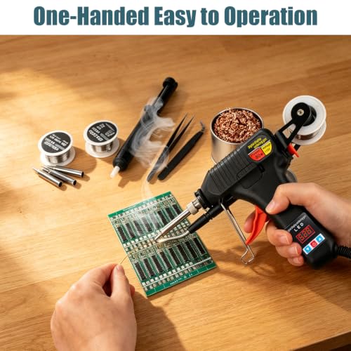 Soldering Gun Kit, 80W Adjustable Temp Soldering Iron with LED Display | 3 Tips, 3 Solder Wire Rolls, Desoldering Pump, Tweezers & Brass Wire Cleaner for Electronics Repair and DIY Welding