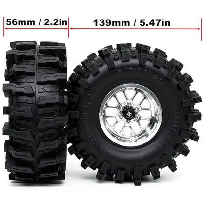 HOBBYSOUL 5.47'' Tall Mud Slingers X RC Crawler 2.2 Wheels Tires,4-Pack | -11mm negative offset silver beadlock wheel rims,T8 Compound Tire, For 1/10 RC Crawlers Truck Upgrades - color: Silver, size: 139mm / 5.47inch Tall