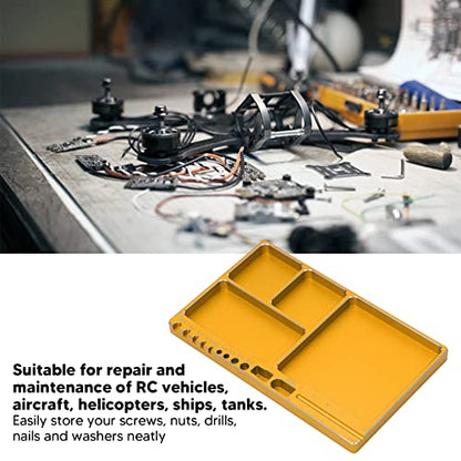 RC Magnetic Tray, 16x10x1.1cm Universal Aluminium Alloy Screw Tray RC Model Repair Tool Tray with Magnetic Pad for RC Trucks (Gold) - color: Gold