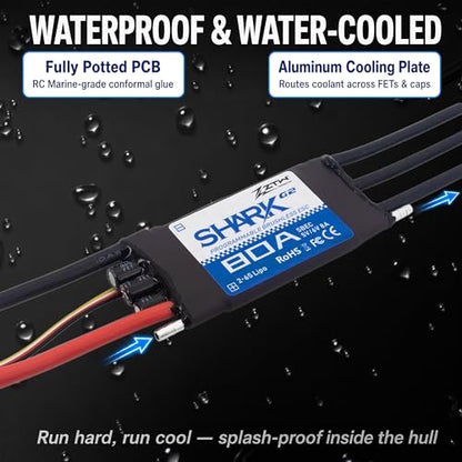 ZTW Shark G2 80A ESC 2-6S Built-in Swithcing BEC 5V/6V 8A Water-Cooling Bidirectional Waterproof Brushless Speed Controller for RC Boat Marine - size: 80A