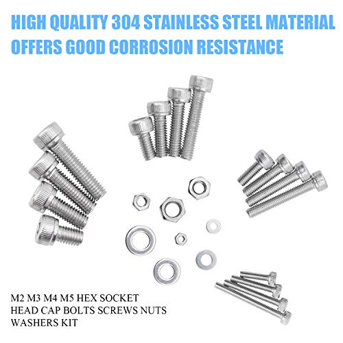 DYWISHKEY 1220 PCS M2 M3 M4 M5, 304 Stainless Steel Hex Socket Head Cap Bolts Screws Nuts Washers Assortment Kit with Hex Wrenches - color: silver-white