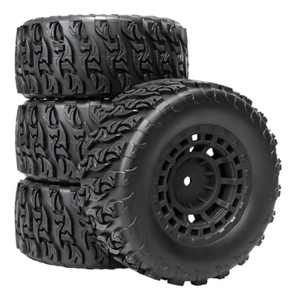 Pre-Glued 12mm Hex RC Wheels and Tires for 1/10 RC Short Course Truck, 4PCS | Compatible with 1/10 Arrma Senton Traxxas Slash Axial Losi Axial Redcat - color: Black Tires A+ Black Wheels