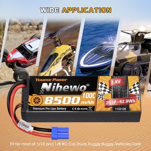 2S Lipo Battery 8500mAh 7.4V 100C Hardcase EC5 2Pcs for RC Car Truck | 2S Lipo Battery EC5 7.4V 8500mAh 100C for 1/8 1/10 RC Car Truck Buggy Boat Drone Model Durable Hardcase protection - style: 2x 7.4V 8500mAh