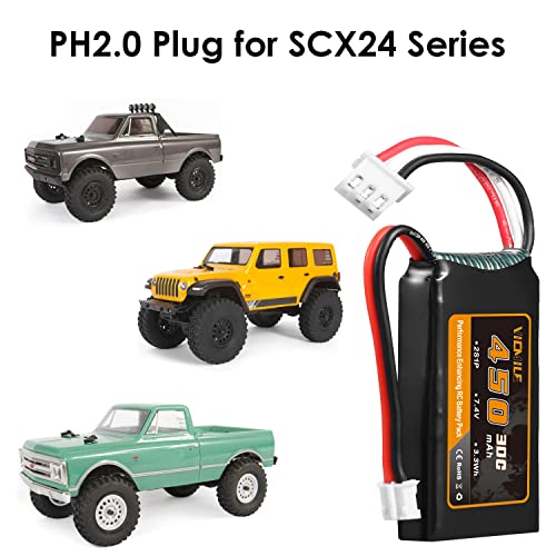 7.4V Lipo Battery 450mAh 2S 30C Rechargeable Lipo Battery with PH2.0 Plug SCX24 Small Lipo Battery Fit for Most 1/10, 1/16, 1/18, 1/24 Scale RC Cars Trucks with 1to2 USB Charger