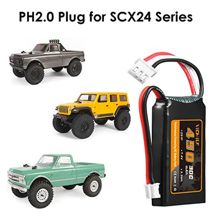 7.4V Lipo Battery 450mAh 2S 30C Rechargeable Lipo Battery with PH2.0 Plug SCX24 Small Lipo Battery Fit for Most 1/10, 1/16, 1/18, 1/24 Scale RC Cars Trucks with 1to2 USB Charger
