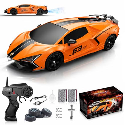 Remote Control Car RC Drift Car 1:16 Scale 4WD 18KM/H High Speed Model Vehicle 2.4GHz with LED Lights Spray Rubber Tire Racing Sport Toy for Adults Boys Girls Kids Gift 2Pcs Rechargeable Batteries - color: Orange