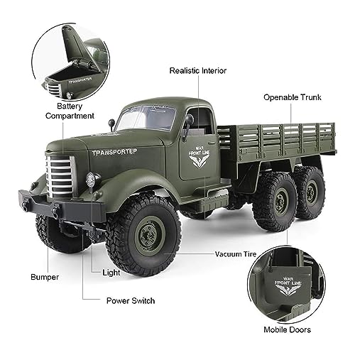 GoolRC RC Military Truck, 1:16 Scale Remote Control Car, 6WD RC Army Car, All Terrain Off-Road RC Truck, 2.4GHz Electric Military Transporter Vehicle with Headlights for Adults
