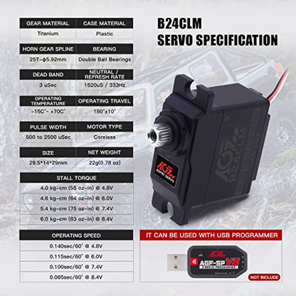 AGFRC B24CLM 6KG IP67 Waterproof Micro Servo for 1/16 RC | 0.085s/60° Speed, HV, Titanium Gears, Programmable, Digital, Coreless Motor, for 1/16 RC Cars, Boats & Crawlers