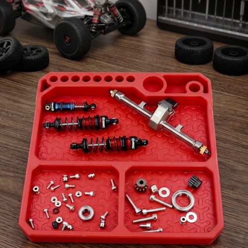 OGRC Silicone Tool Tray, Parts Organizer RC Screw Storage Plate Holder Mat | 160×160mm, with Detachable Magnetic Mats, Red - color: Red