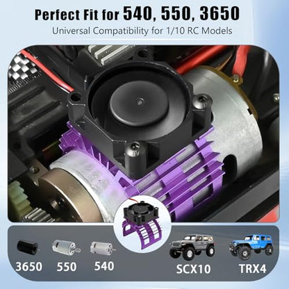 Alloy Heat Sink with 5V Cooling Fan for Traxxas Trx4 Slash ARRMA SCX10 and 1/10 RC Car - Compatible with 540, 550, 3650 Size Brushless Motor (Purple) - style: Purple