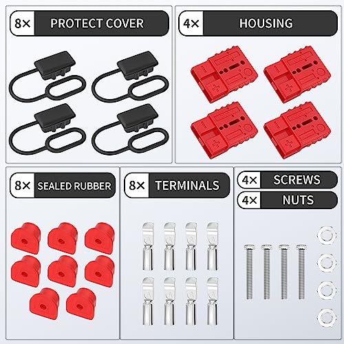 RVBOATPAT 4PCS 50Amp Battery Quick Connect/Disconnect Connector, 6 to 12 Gauge 600V Battery Cable Connector, Wire Harness Plug Kit for Car Winch Trailer - color: Red 50A 2PCS