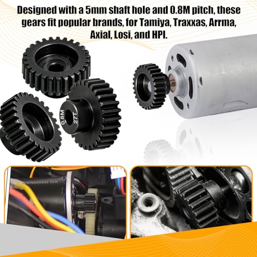 3-Pack Steel Metal 0.8M 5mm Pinion Motor Gear Sets 27T Compatible with HPI Kyosho Losi Axial Tamiya 1/8 1/10 RC Car Monster Truck Buggy, 0.8 Module Gear for Traxxsa Arrma - style: 3Pcs 27T
