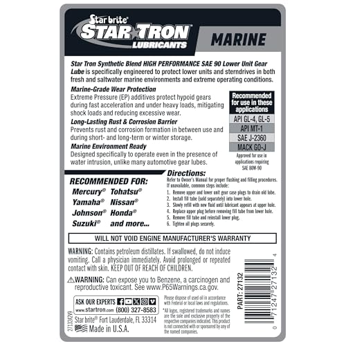 STAR BRITE Hypoid 90W Lower Unit Gear Lube | Meets API MT-1, GL-5, SAE J2360 and MIL-L-2105E specs, anti-wear additives, corrosion inhibitors, for outboard motors - size: 32 Oz Quart, style: 90W Hypoid