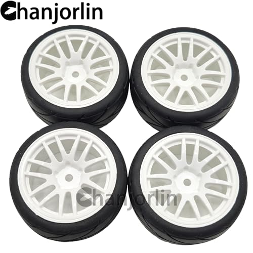 RC 1/10 On Road Touring Tires & Wheels 12mm Hex Hard Plastic Rims OD 65mm Street Racing Tyre for 1:10 1/12 Rally Drift Car Tamiya TT01 TT02 Traxxas XV02 XV01 HPI KYOSHO PTG2 4PCS (White) - color: White