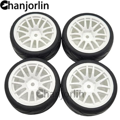 RC 1/10 On Road Touring Tires & Wheels 12mm Hex Hard Plastic Rims OD 65mm Street Racing Tyre for 1:10 1/12 Rally Drift Car Tamiya TT01 TT02 Traxxas XV02 XV01 HPI KYOSHO PTG2 4PCS (White) - color: White