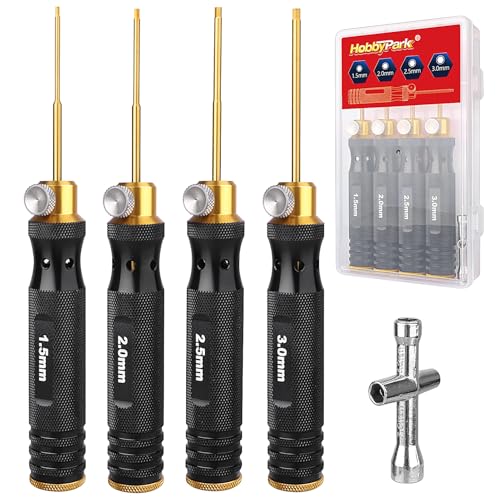 HobbyPark Titanium Hex Driver Allen Screwdriver Set 1.5mm 2.0mm 2.5mm 3.0mm Extended Thickened Handle for RC Crawler RC Car Truck Buggy On Road Touring Drift (Black & Gold Handle)
