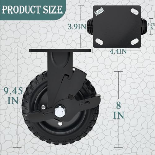 8 Inch Rigid Heavy Duty Caster Wheel with Brake, Set of 2 | All-Terrain, Alloy Bracket, 1100 Lbs Capacity, Solid Rubber Tires, Flat Free, for Carts, Workbench, Warehouse, DIY Tools - size: 8 Inch