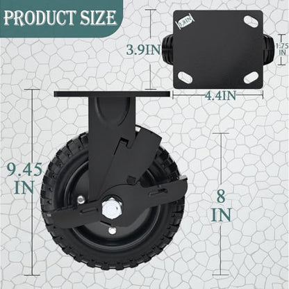 8 Inch Rigid Heavy Duty Caster Wheel with Brake, Set of 2 | All-Terrain, Alloy Bracket, 1100 Lbs Capacity, Solid Rubber Tires, Flat Free, for Carts, Workbench, Warehouse, DIY Tools - size: 8 Inch