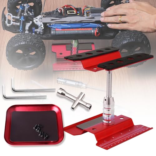 RC Car Work Stand Aluminum Repair Workstation 360 Degree Rotation Lift Lower w/Screw Tray Tools for 1/10 1/12 1/16 Scale Traxxas TRX4 Axial Arrma Redcat Losi RC Crawler Monster Truck Buggy (Red) - color: Red