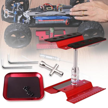 RC Car Work Stand Aluminum Repair Workstation 360 Degree Rotation Lift Lower w/Screw Tray Tools for 1/10 1/12 1/16 Scale Traxxas TRX4 Axial Arrma Redcat Losi RC Crawler Monster Truck Buggy (Red) - color: Red