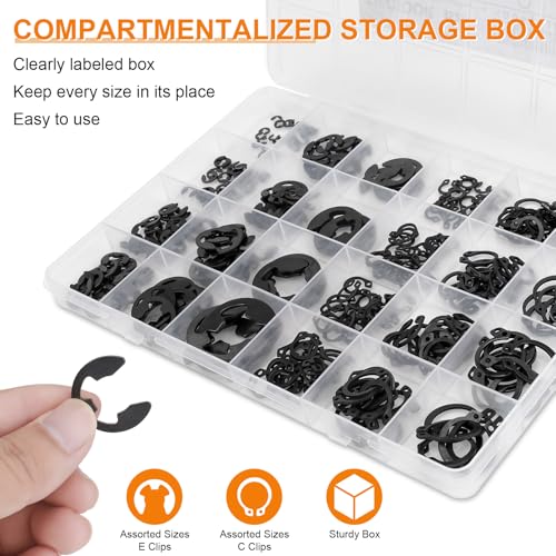 352Pcs Retaining Ring Kit with E-Clips(2.0mm-15mm) & C-Clips(M5-M16) Black | 24 Sizes Snap Rings And Circlips for DIY & Repair. E-Clips & External C-Clips. Black Carbon Steel - size: Carbon Steel-352PCS
