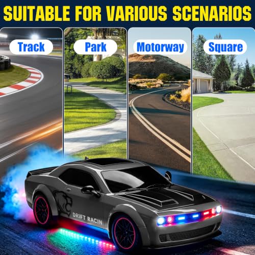 Remote Control Car 1:14 Scale RC Cars with Spray Effect, LED Lights & Realistic Sound, 2.4GHz Racing Toy with Controller, Christmas Birthday Gift for 3-9 Year Old Boys Girls (Gray)