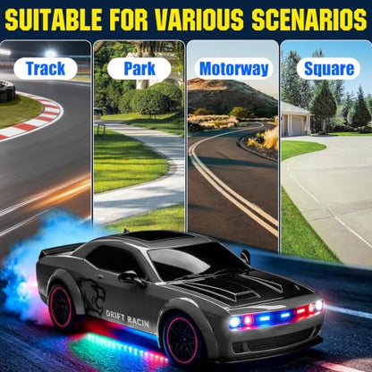 Remote Control Car 1:14 Scale RC Cars with Spray Effect, LED Lights & Realistic Sound, 2.4GHz Racing Toy with Controller, Christmas Birthday Gift for 3-9 Year Old Boys Girls (Gray)