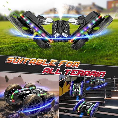 Jimdella RC Cars Toys, 2-in-1 Remote Control Car Transform 4WD with Spray & LED Lights, 2.4GHz Off-Road Stunt Truck for 360° Flips Gift for Boys Age 8-12 (Black) - color: Black