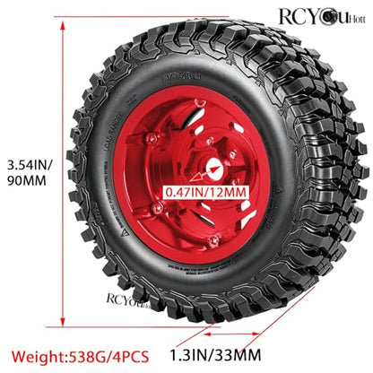 RC 1.9" Beadlock Wheels and Tires Set for 1/12 M-J-X H12Y H12Y+ H12P MN-128 RC Crawler,Wheels Tire OD 90MM/3.54",Aluminium Wheel Rims (4PCS),1.9" Beadlock Wheel Tires,Red - color: Red- (Wheel Tires)