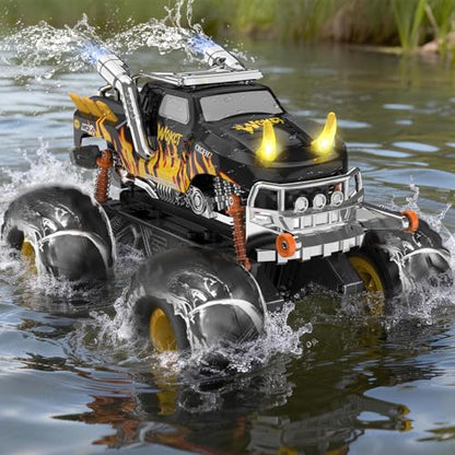 Amphibious 1:16 Waterproof Monster Truck Toys RC Car Water Blaster Trucks 60+ Min Runtime with 2 Batteries 360 Spin 4WD All Terrain Off-Road rc car water Toys 5-12 Year Old Kids Back-to-school season - color: Yellow