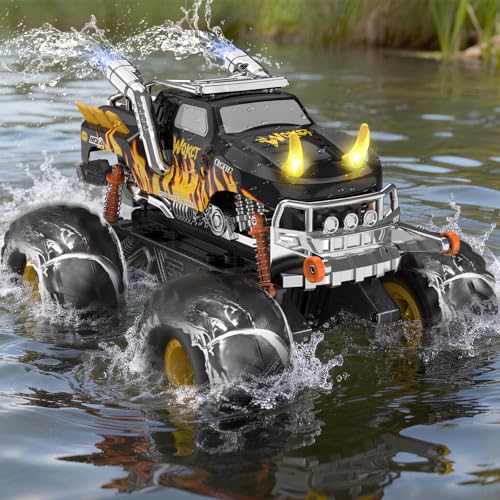 Amphibious 1:16 Waterproof Monster Truck Toys RC Car Water Blaster Trucks 60+ Min Runtime with 2 Batteries 360 Spin 4WD All Terrain Off-Road rc car water Toys 5-12 Year Old Kids Back-to-school season - color: Yellow