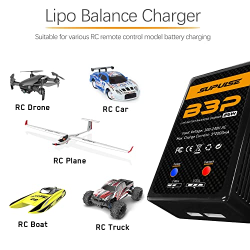 25W Lipo Battery Charger for 2S 3S rc Battery | AC 7.4-11.1V Balance Charger for XHR Plug Battery,Compact Charger for RC cars, plane