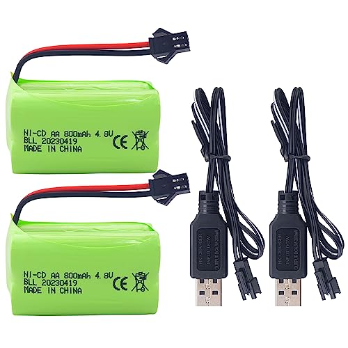 2PCS AA 4.8V 800mAh Charging Battery with SM-2P Plug and USB Charging Cable for 1/28 Stunt RC Car C128 1/28 NB2801 NB2802 NB2803 Double-Sided Rolling and Spinning Stunt Car Robot Electric Toy