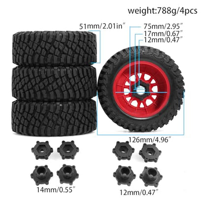 1/8 1/10 RC Short Course Truck Tires 4.96" OD Monster Truck Tires 12/14/17mm Hex Fit for 1:8 Off Road Truck Car Traxxas Slash 2WD 4×4 Rc4wd Arrma Mojave4S Senton Axial Losi Redcat (red) - color: Red